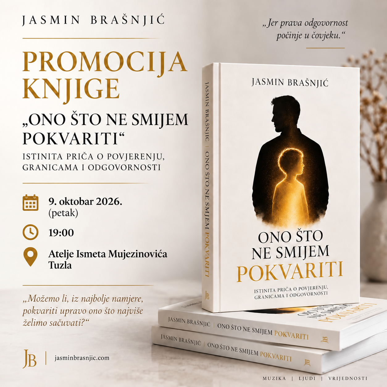 Plakat promocije knjige Ono što ne smijem pokvariti, 9. oktobra 2026. u Tuzli